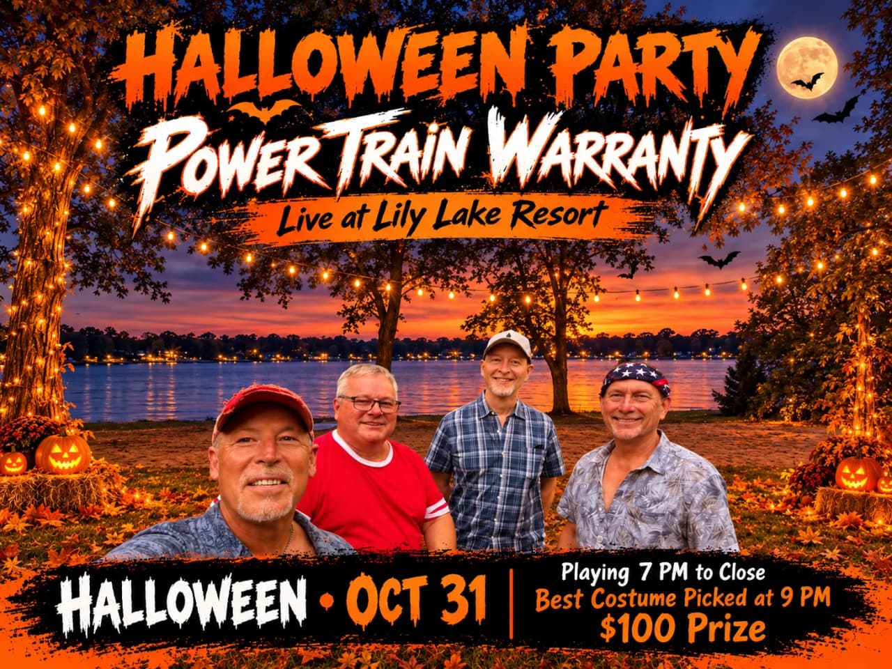 Flyer: Halloween Party with Power Train Warranty, live at Lily Lake Resort, Oct 31. Playing 7 PM to close; best costume picked at 9 PM, $100 prize.